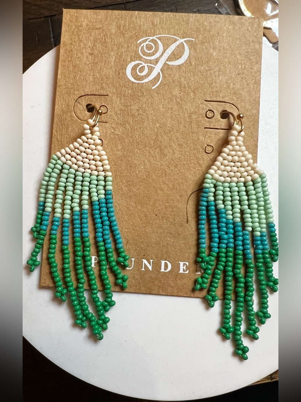 Plunder Beaded Fringe Earrings in Cream, Aqua & Green